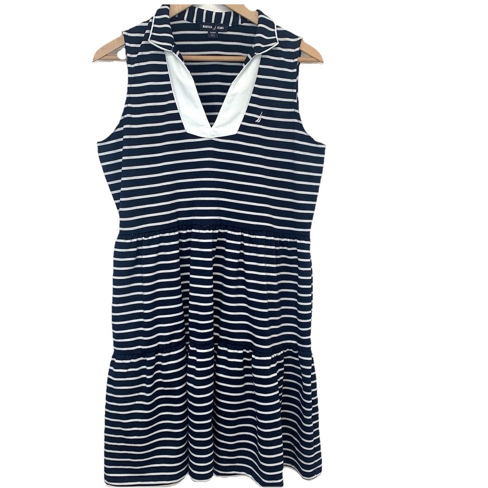 Nautica‎ Navy White Stripe Tiered Dress Small Pockets Sleeveless Nautical Preppy